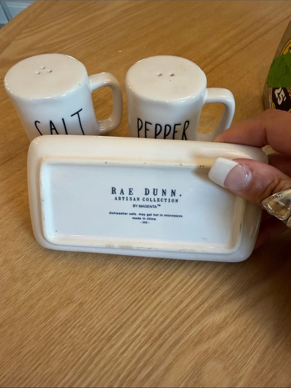 Rae Dunn Artisan Collection Ceramic Salt and Pepper shakers with tray